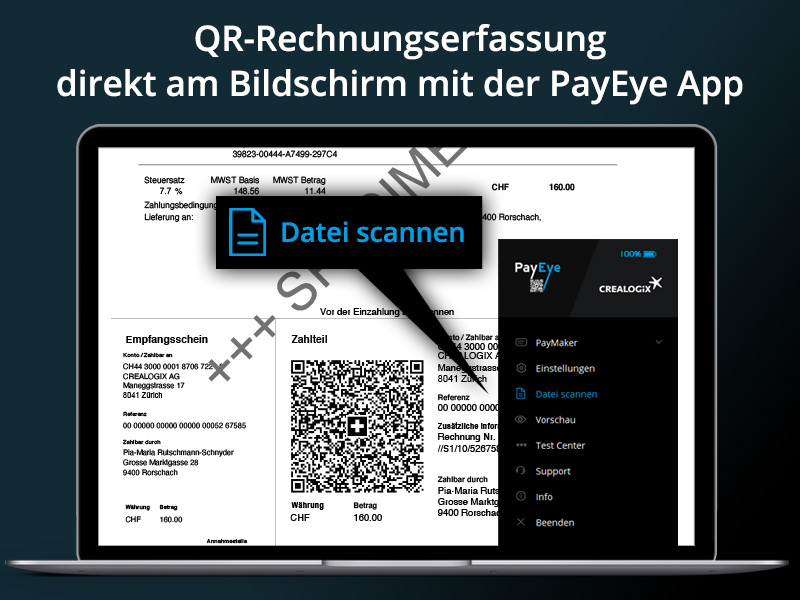 PayEye App ermöglicht die Erfassung der Zahlungsdaten direkt ab PDF-Rechnung